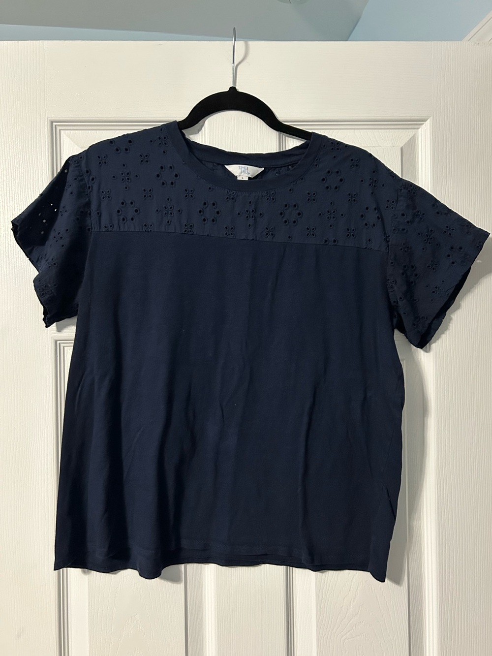 Women's Navy Eyelet-Yoke Short Sleeve Top